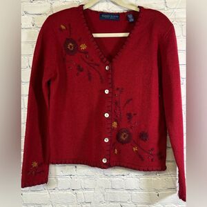 VINTAGE Karen Scott Red Classic Wool‎ Embroidered Cottagecore Cardigan Sweater S